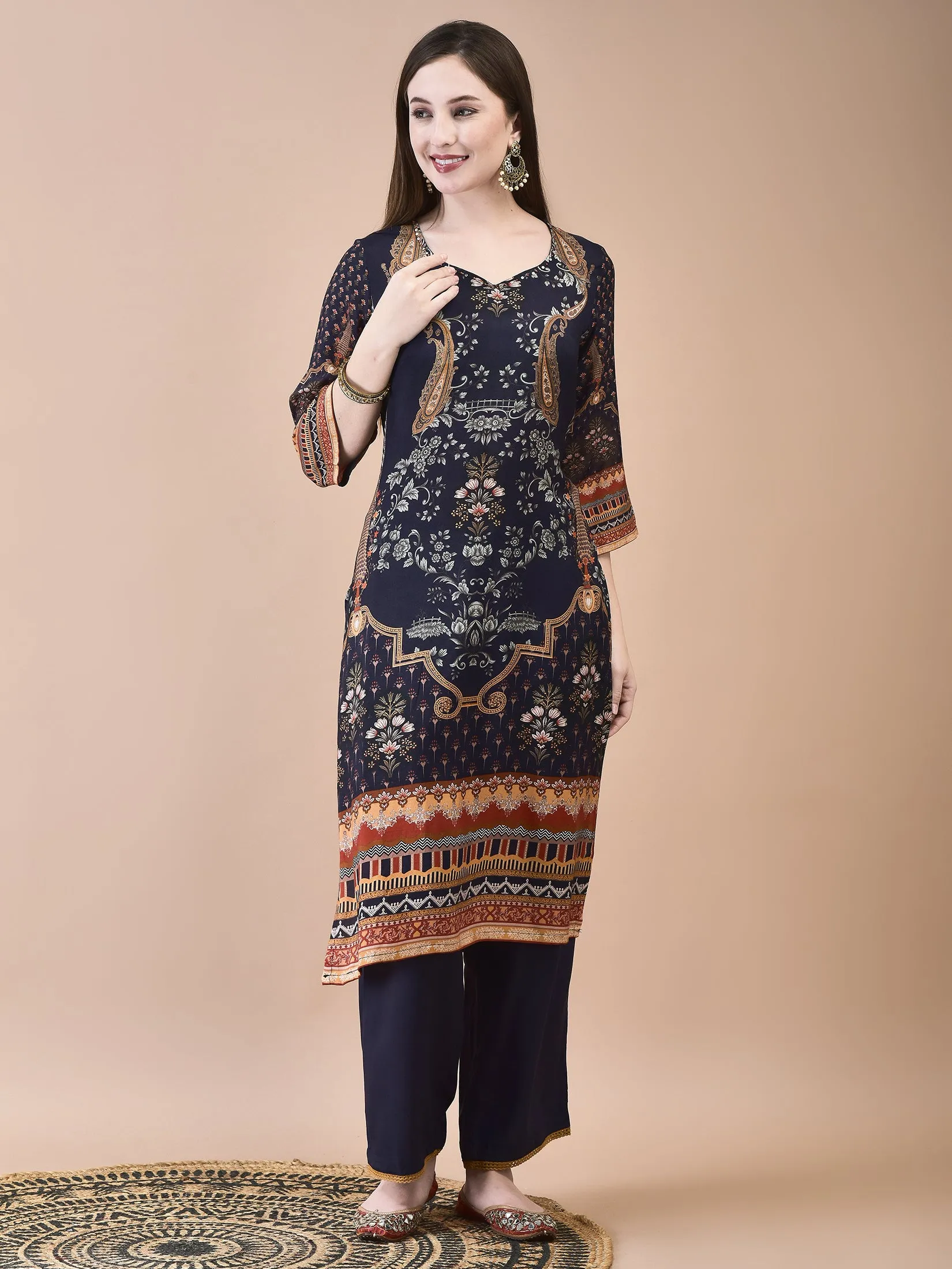 Women Muslin Navy Blue Ornamental Print Kurta Comfort Pant Dupatta