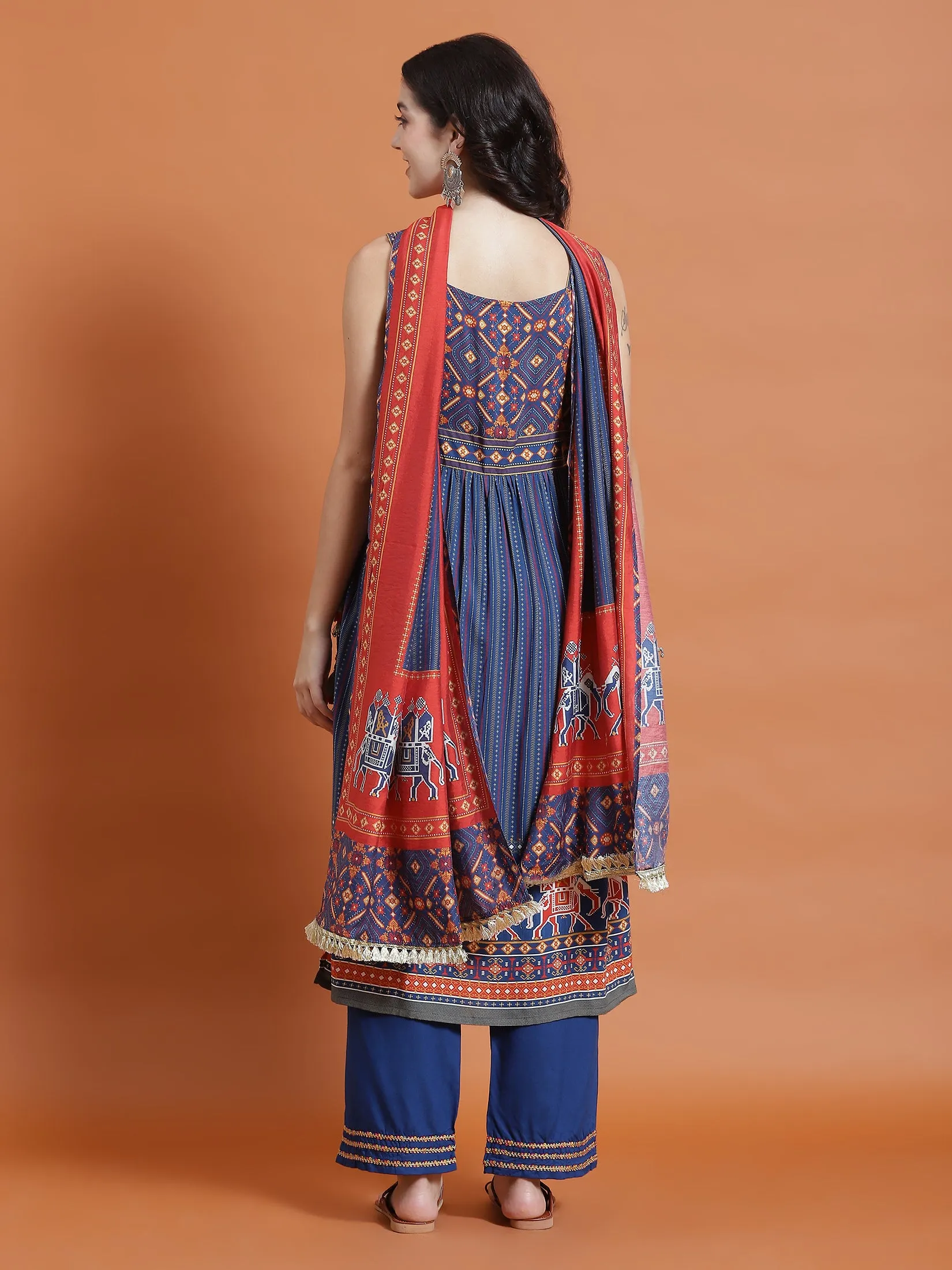Women Navy Blue Ornamental Print Kurta Comfort Pant Dupatta