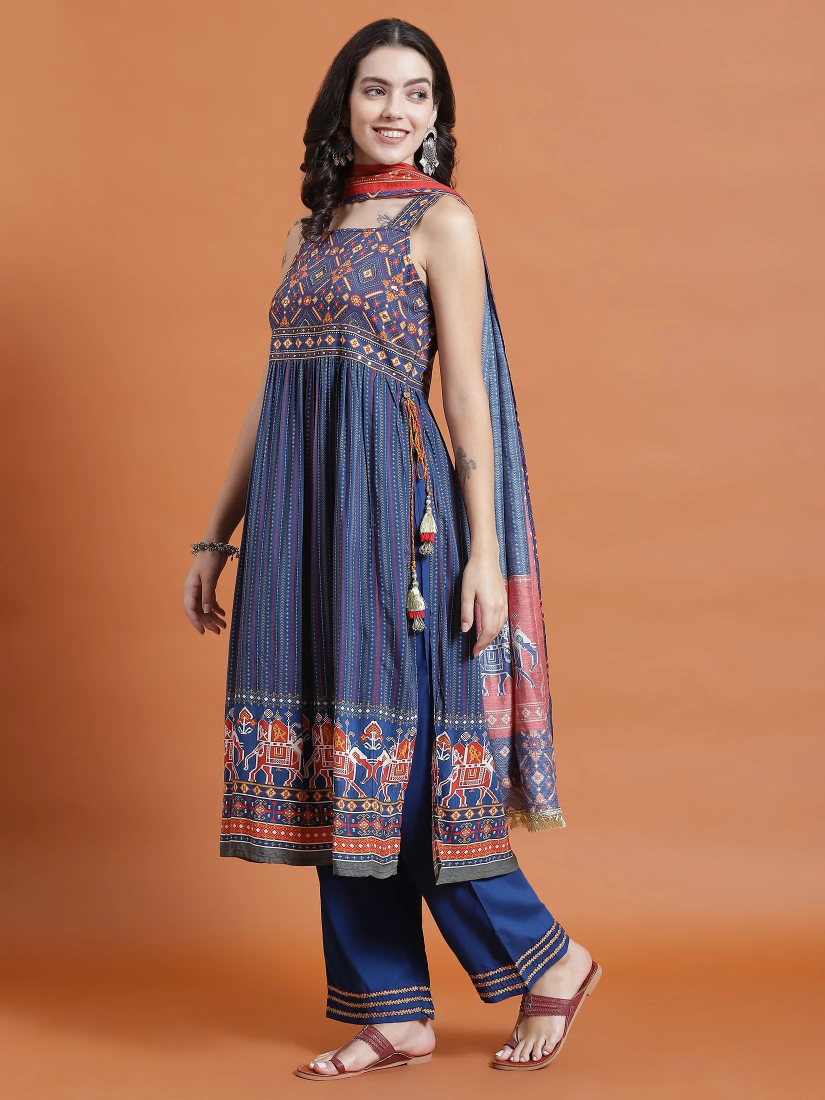 Women Navy Blue Ornamental Print Kurta Comfort Pant Dupatta