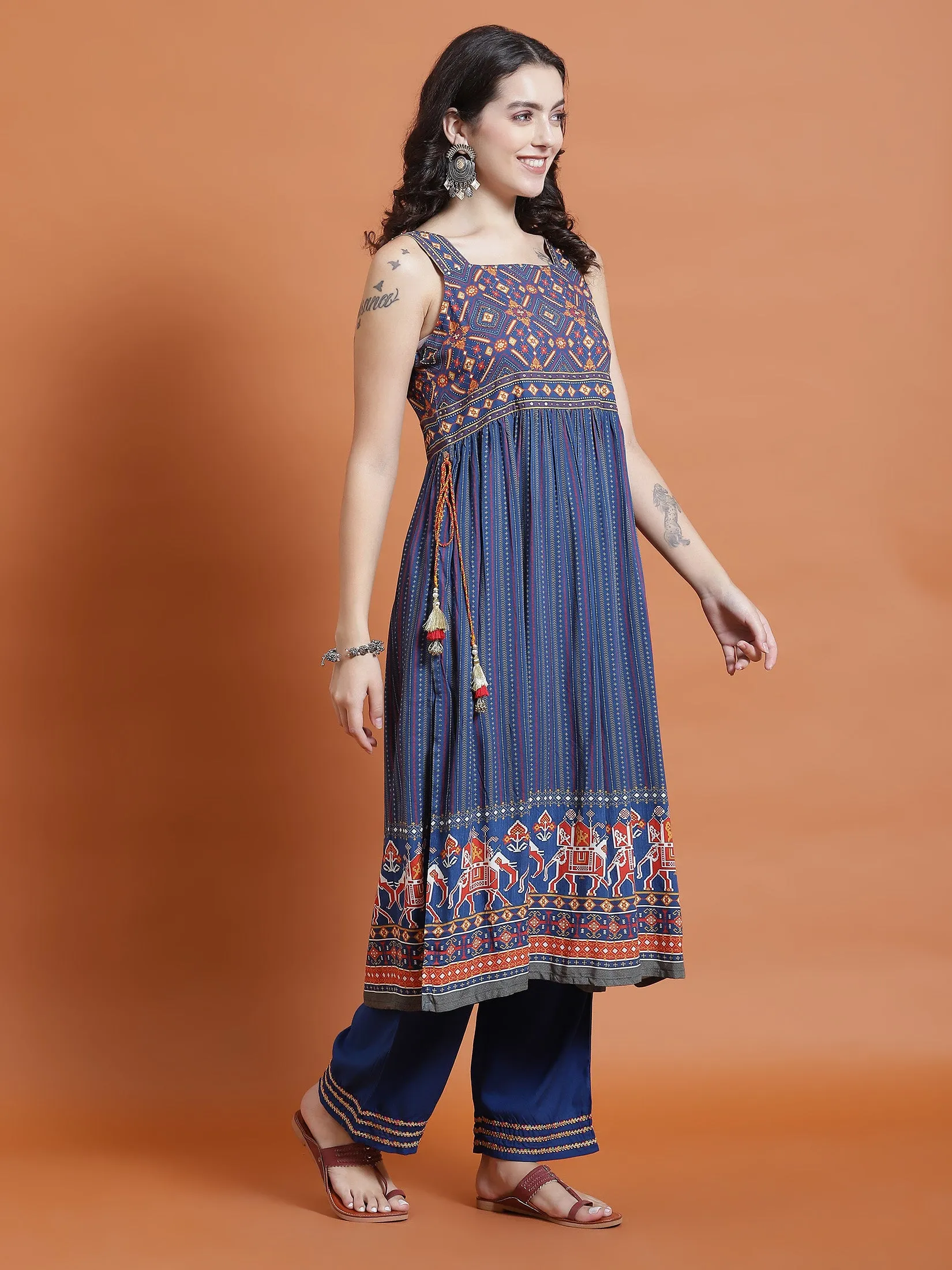 Women Navy Blue Ornamental Print Kurta Comfort Pant Dupatta