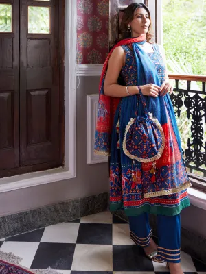 Women Navy Blue Ornamental Print Kurta Comfort Pant Dupatta