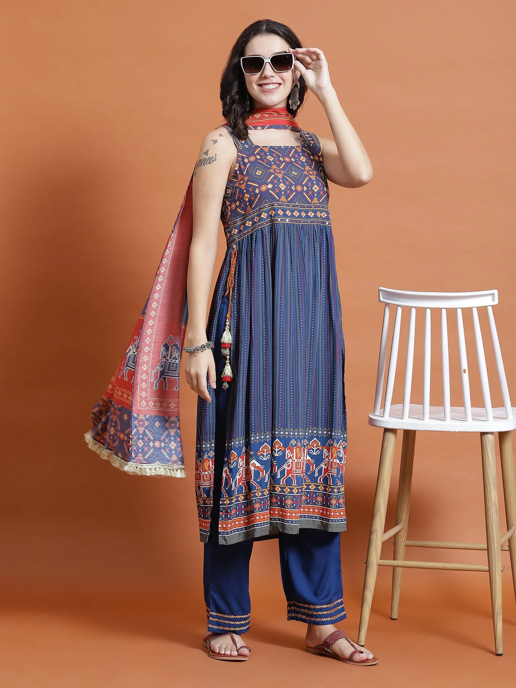 Women Navy Blue Ornamental Print Kurta Comfort Pant Dupatta