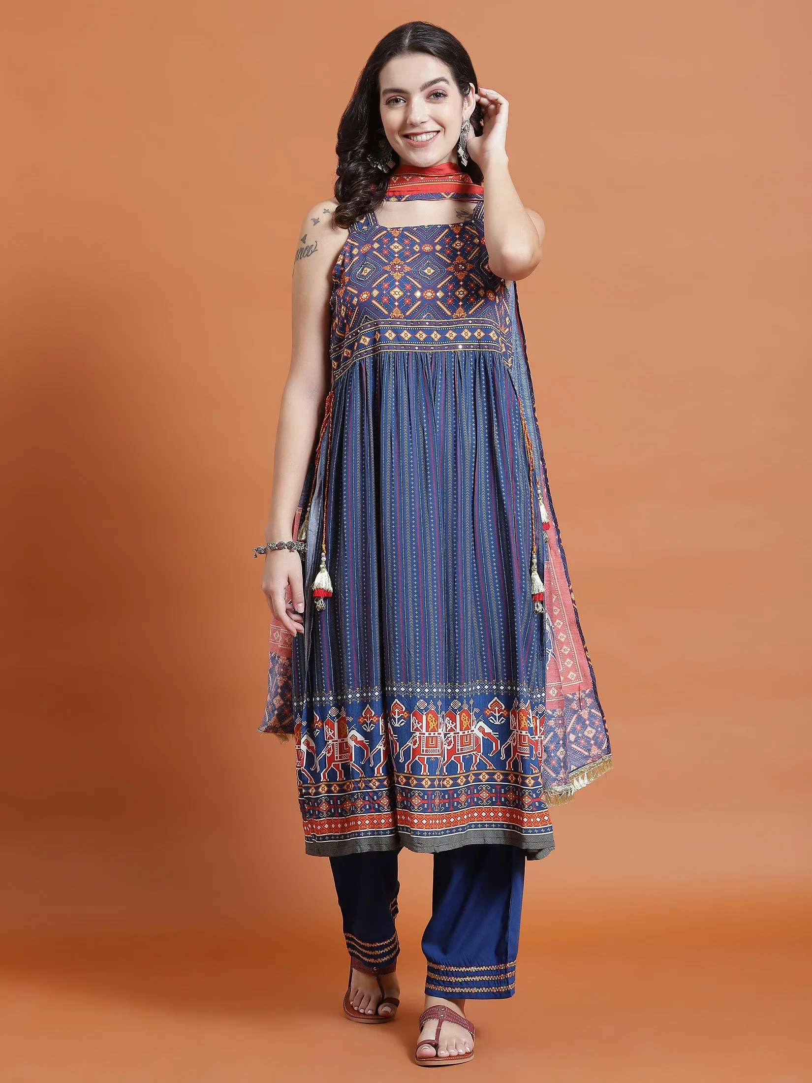 Women Navy Blue Ornamental Print Kurta Comfort Pant Dupatta