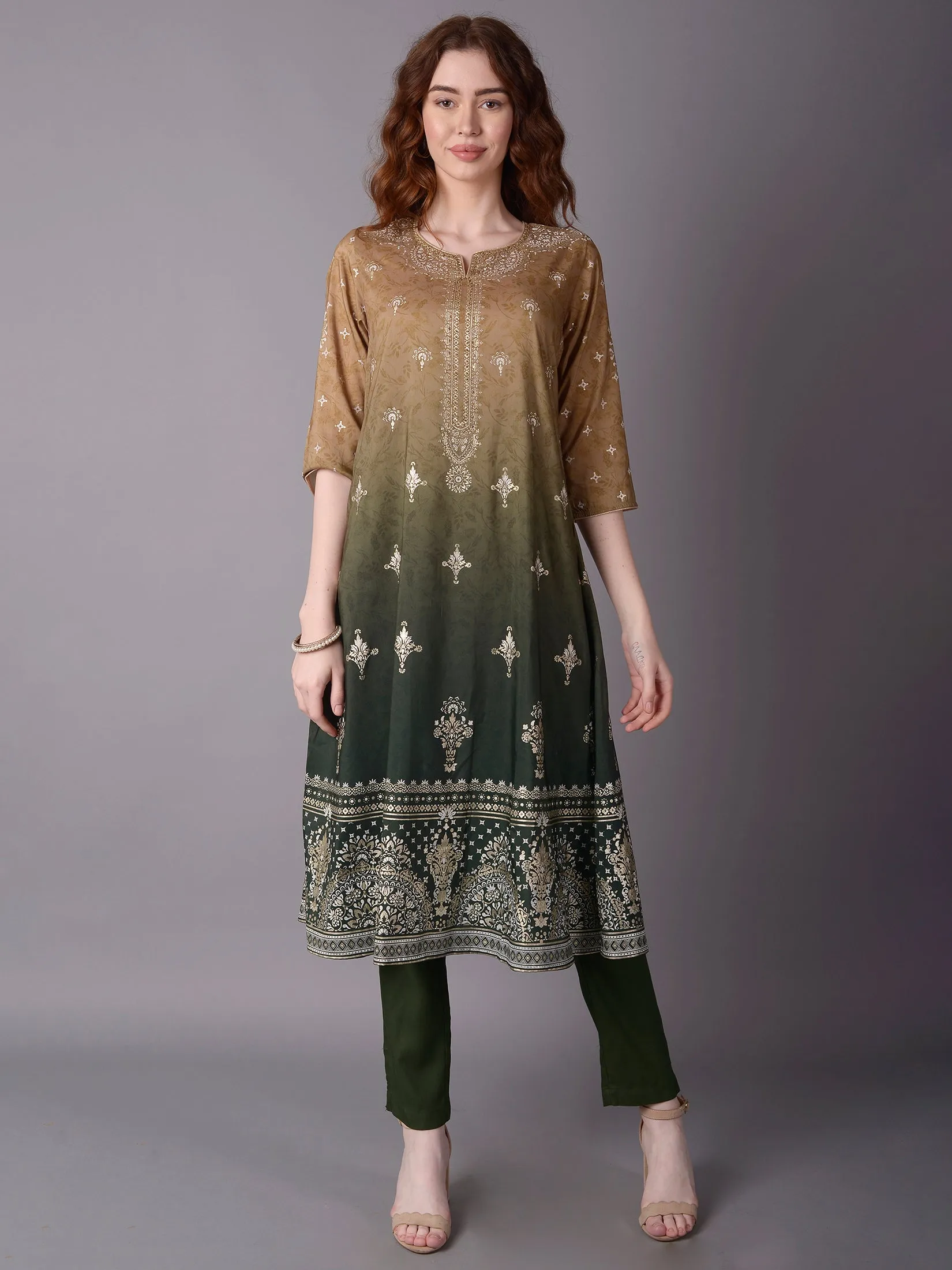 Women Olive Ornamental Printed Kurta Trouser Dupatta