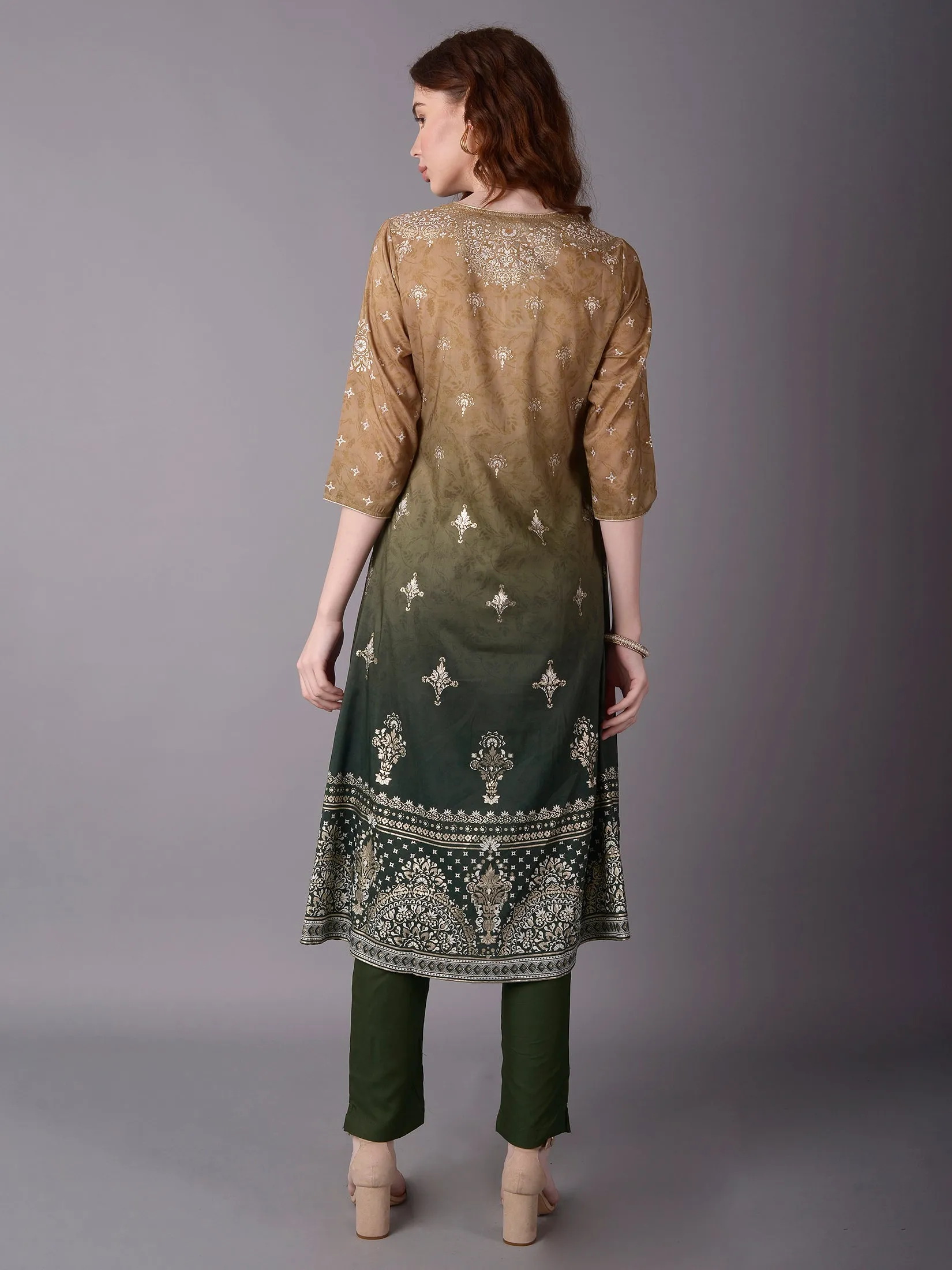 Women Olive Ornamental Printed Kurta Trouser Dupatta