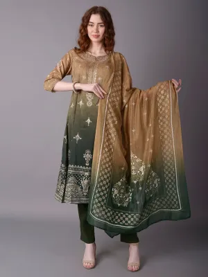 Women Olive Ornamental Printed Kurta Trouser Dupatta
