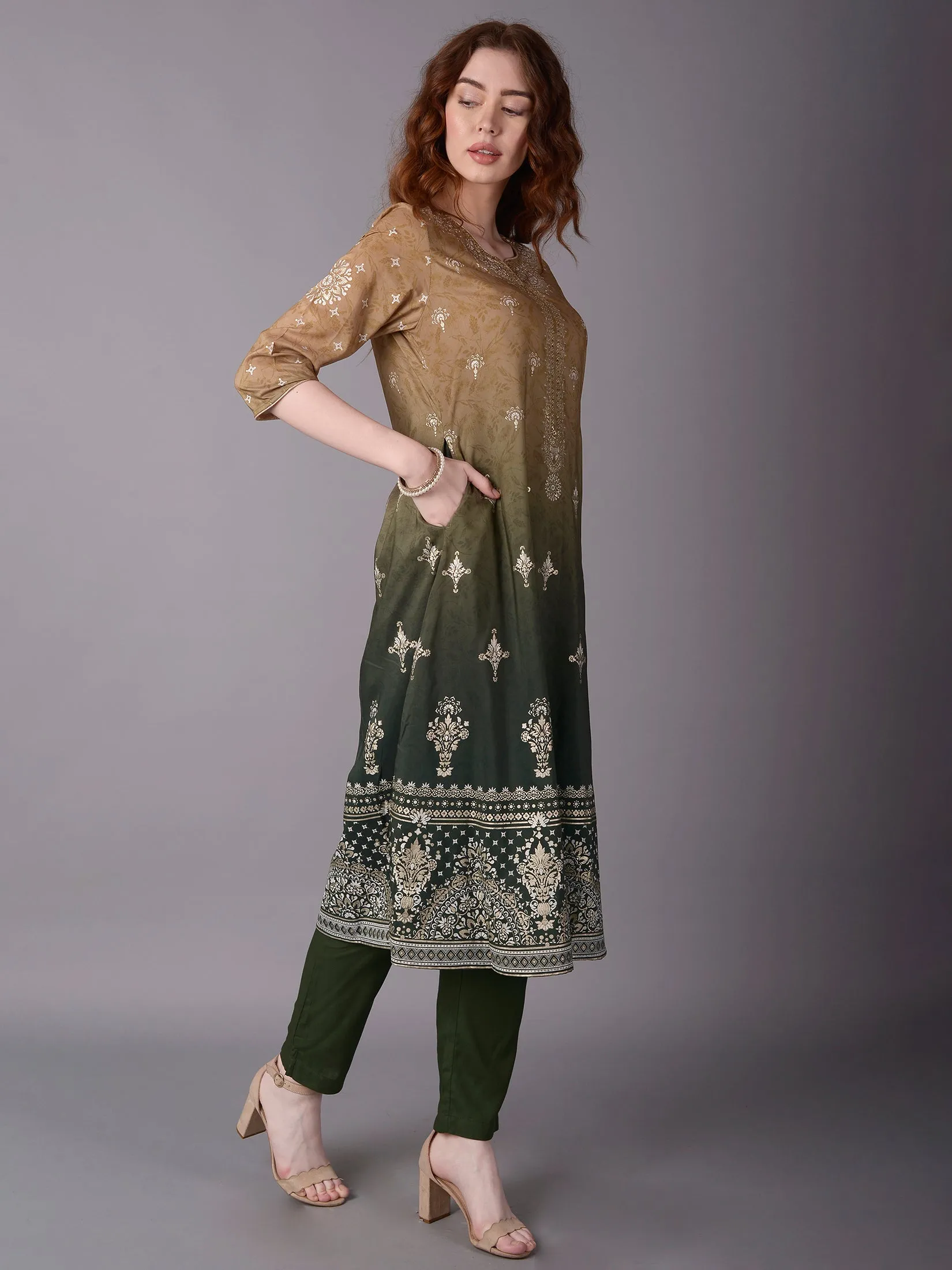 Women Olive Ornamental Printed Kurta Trouser Dupatta