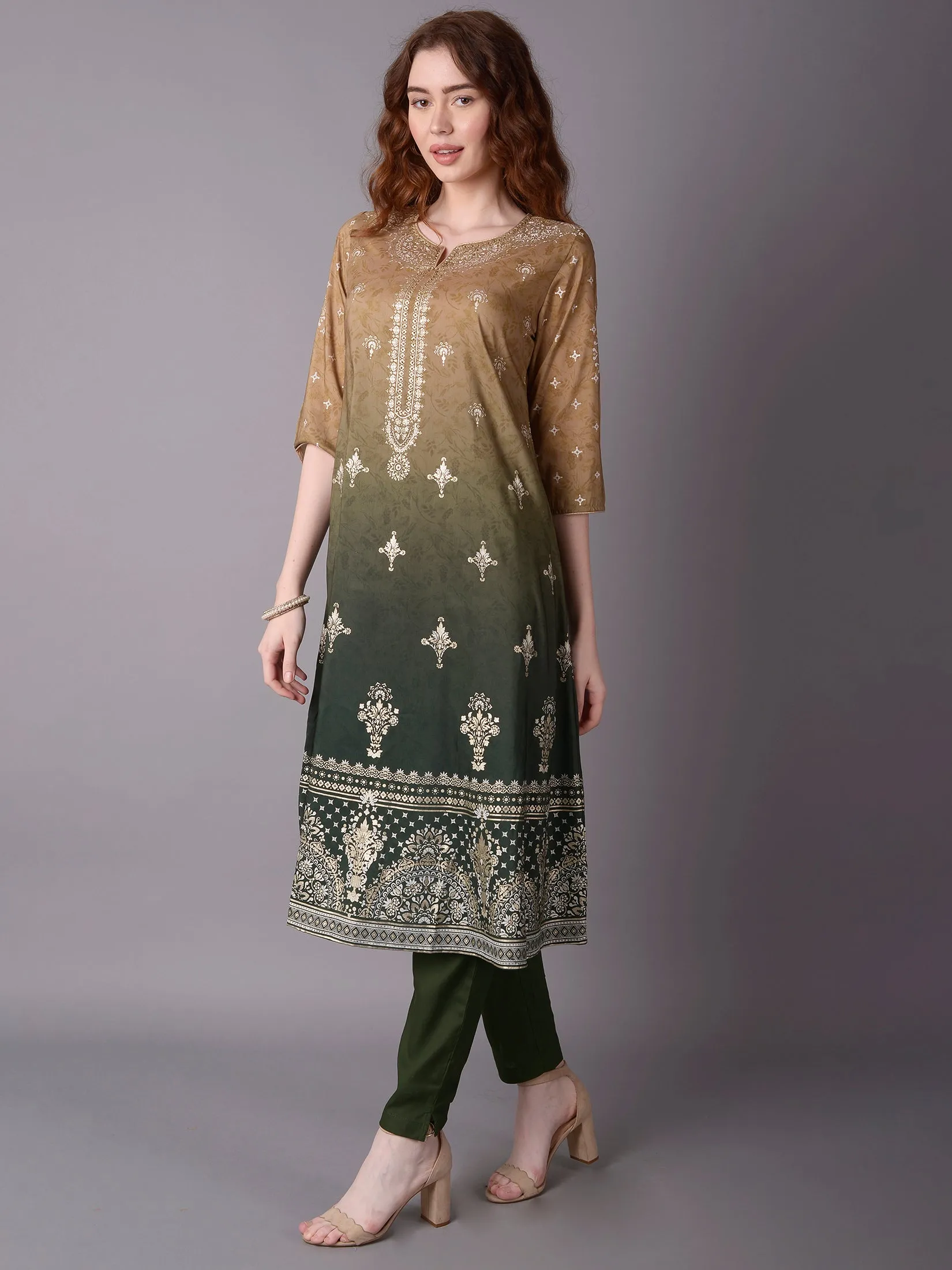 Women Olive Ornamental Printed Kurta Trouser Dupatta