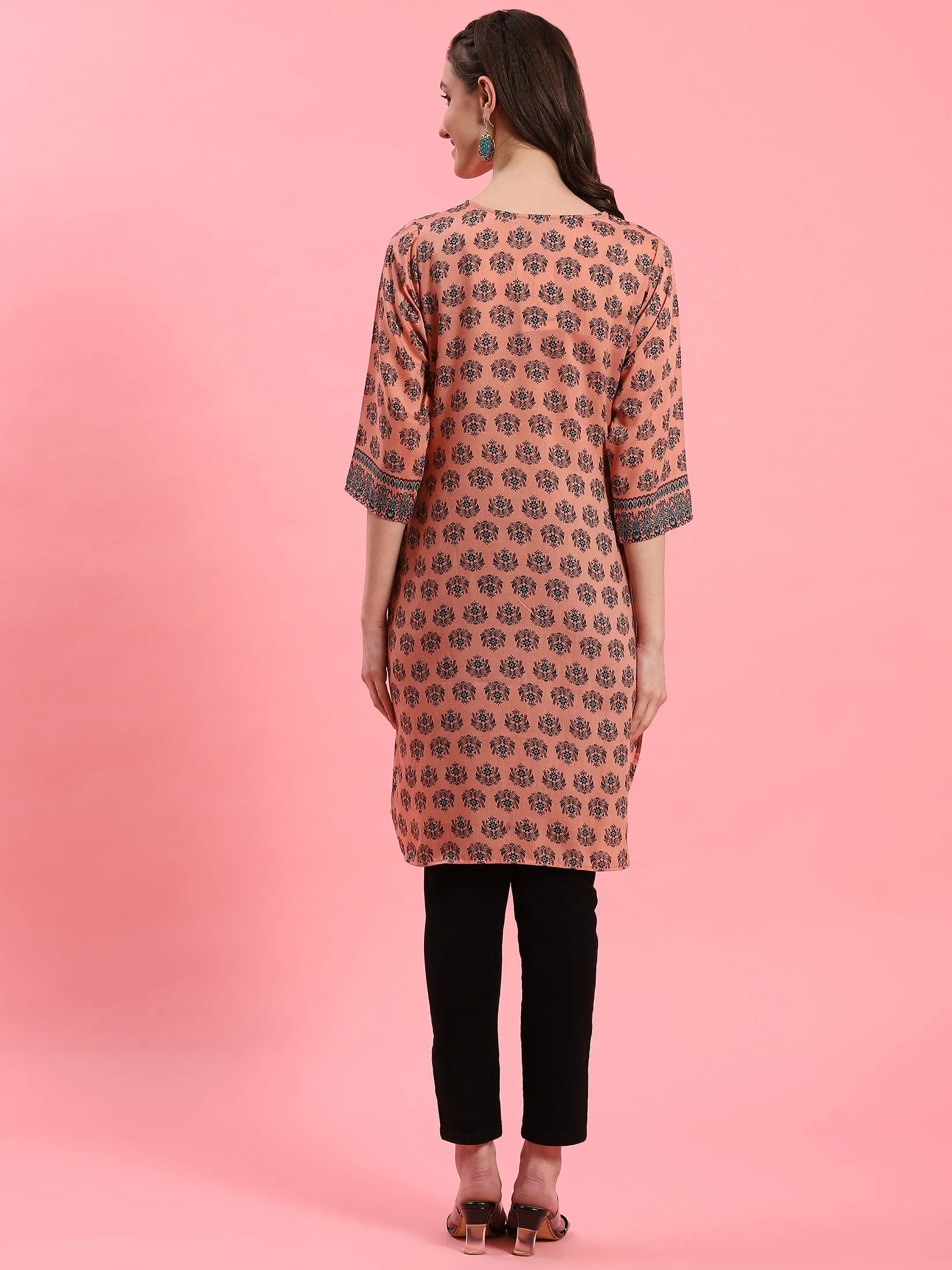 Women Peach Ornamental Printed Kurti
