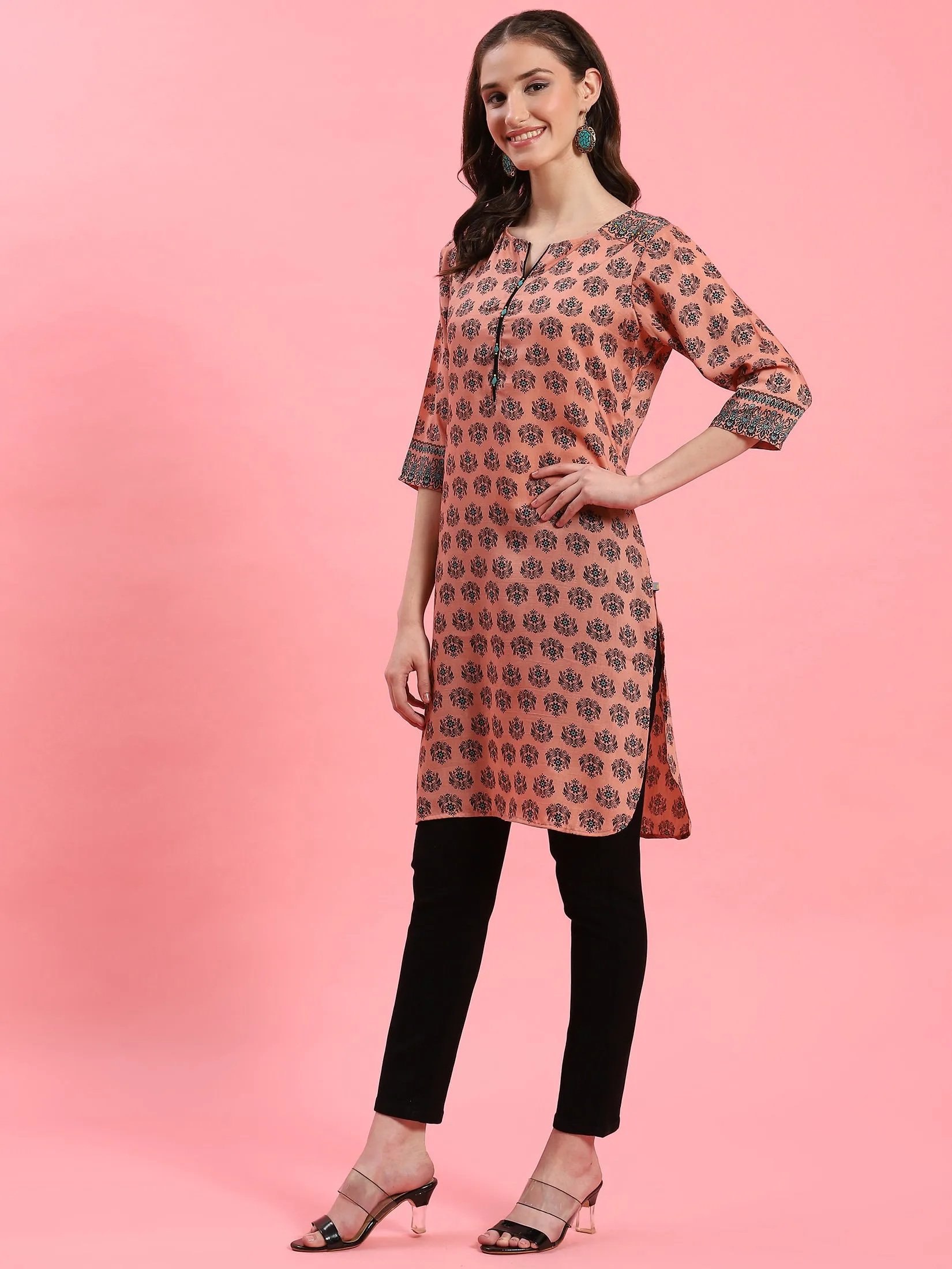 Women Peach Ornamental Printed Kurti