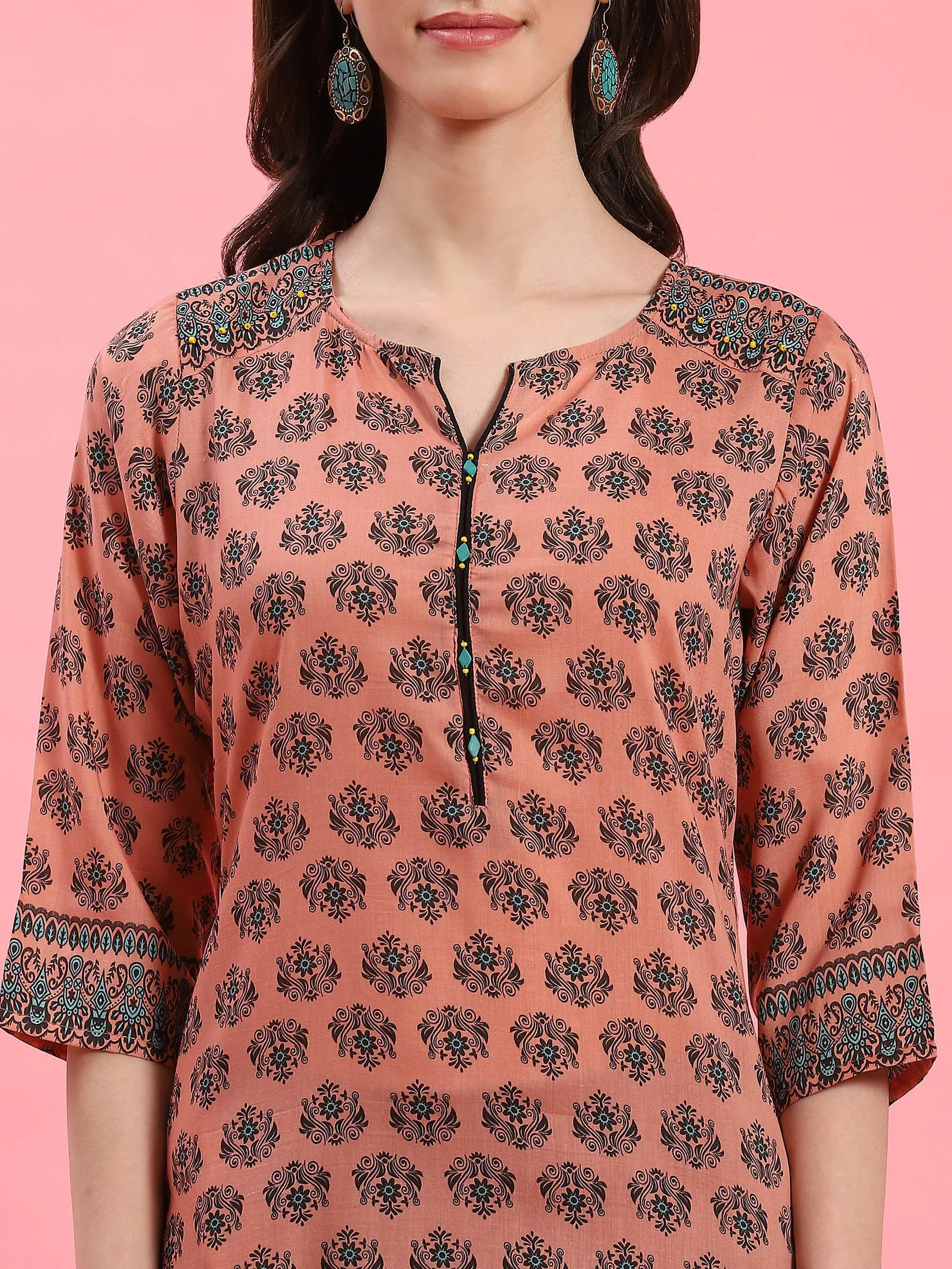 Women Peach Ornamental Printed Kurti