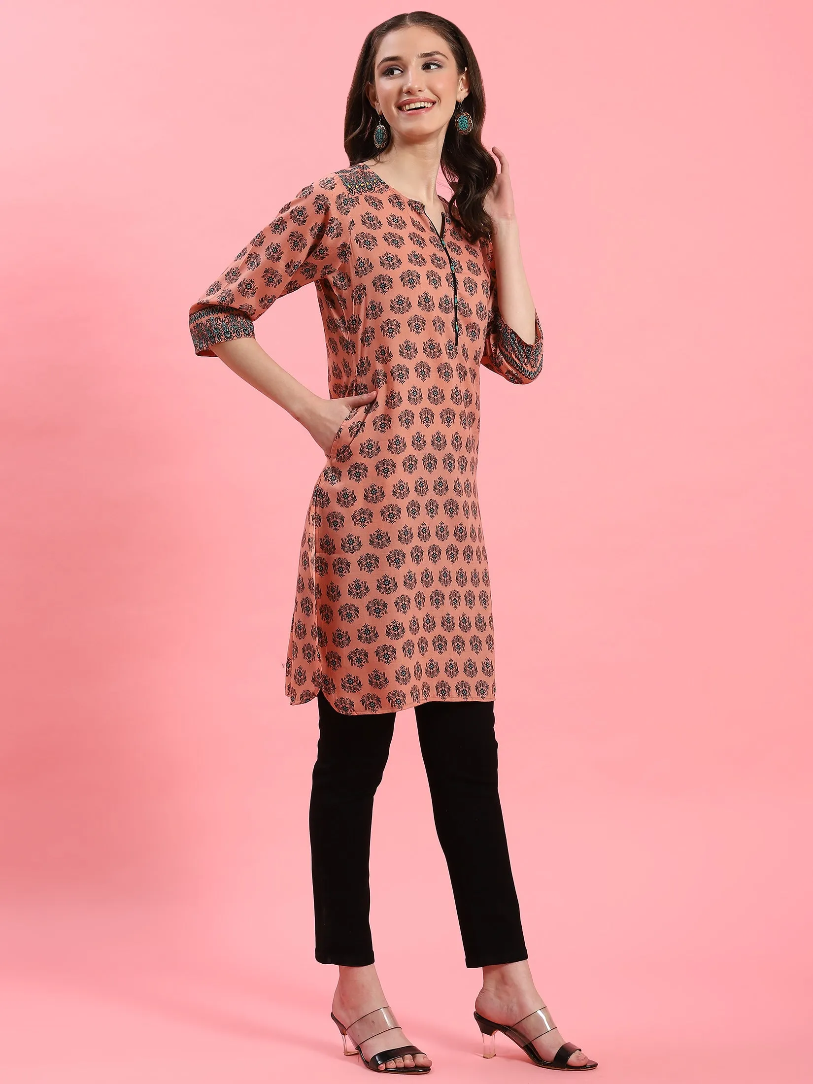 Women Peach Ornamental Printed Kurti