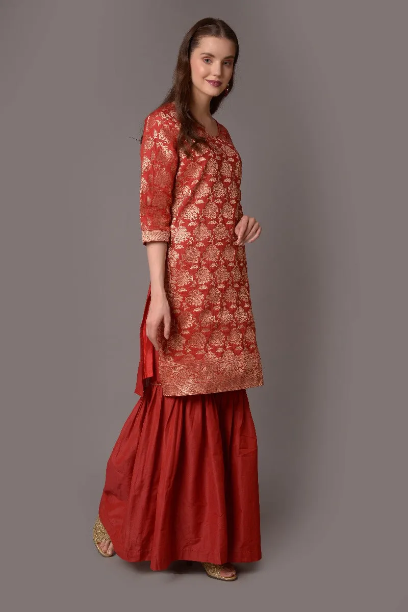 Women Red Ornamental Printed Kurta Sharara Dupatta
