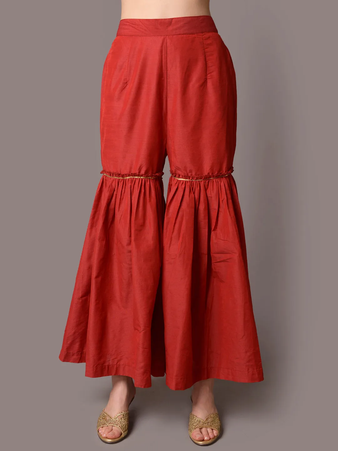 Women Red Ornamental Printed Kurta Sharara Dupatta