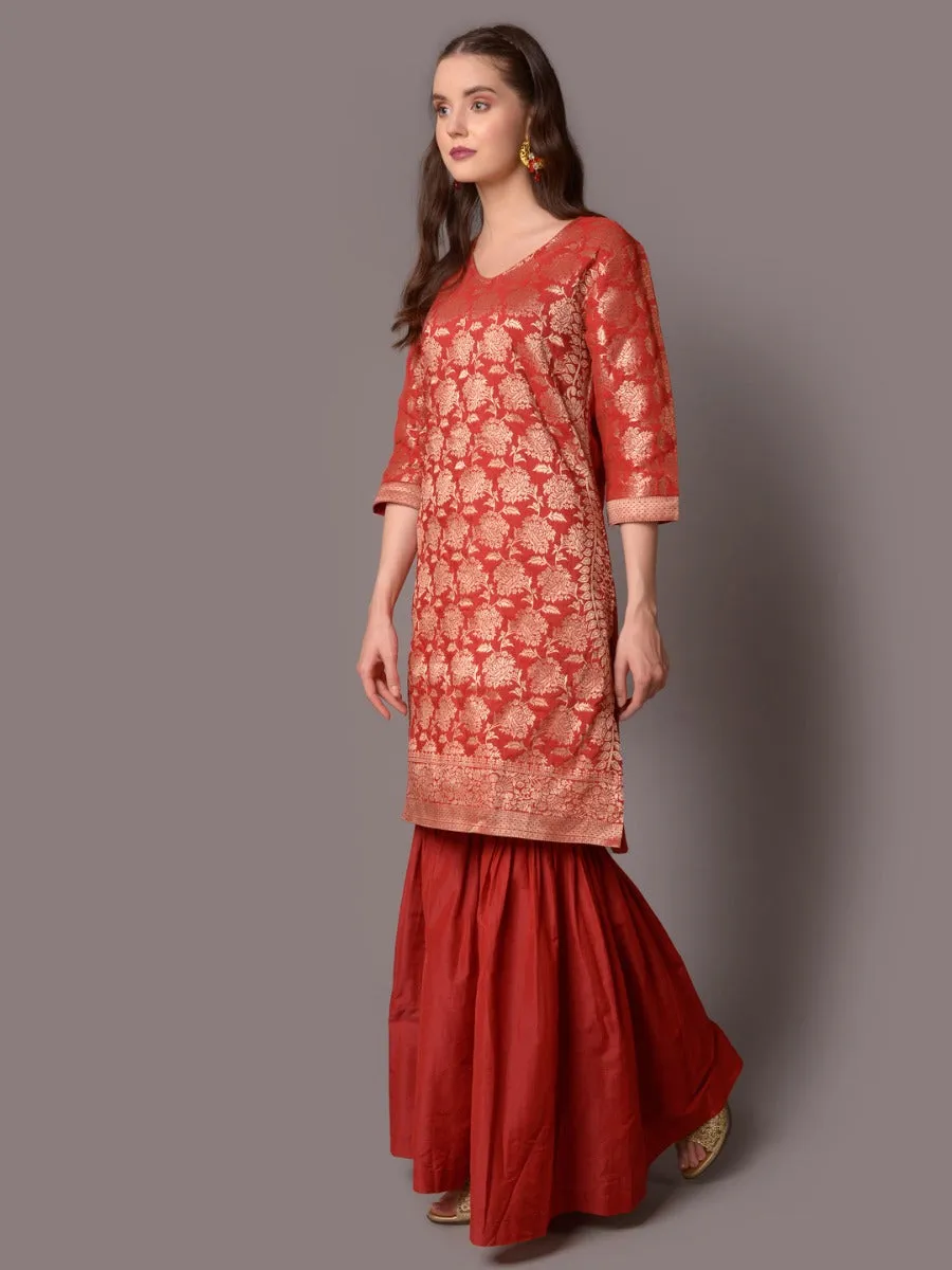 Women Red Ornamental Printed Kurta Sharara Dupatta
