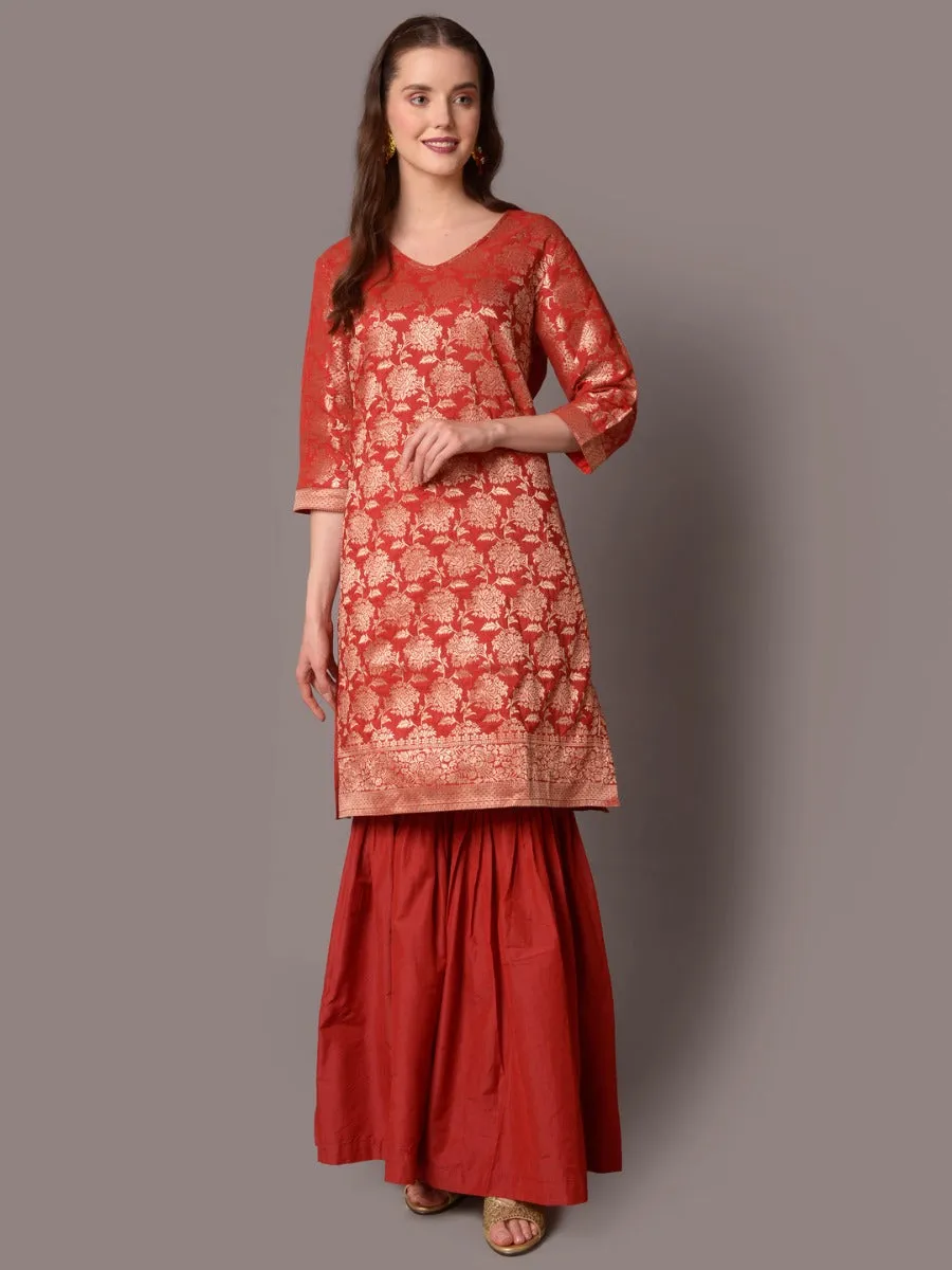 Women Red Ornamental Printed Kurta Sharara Dupatta