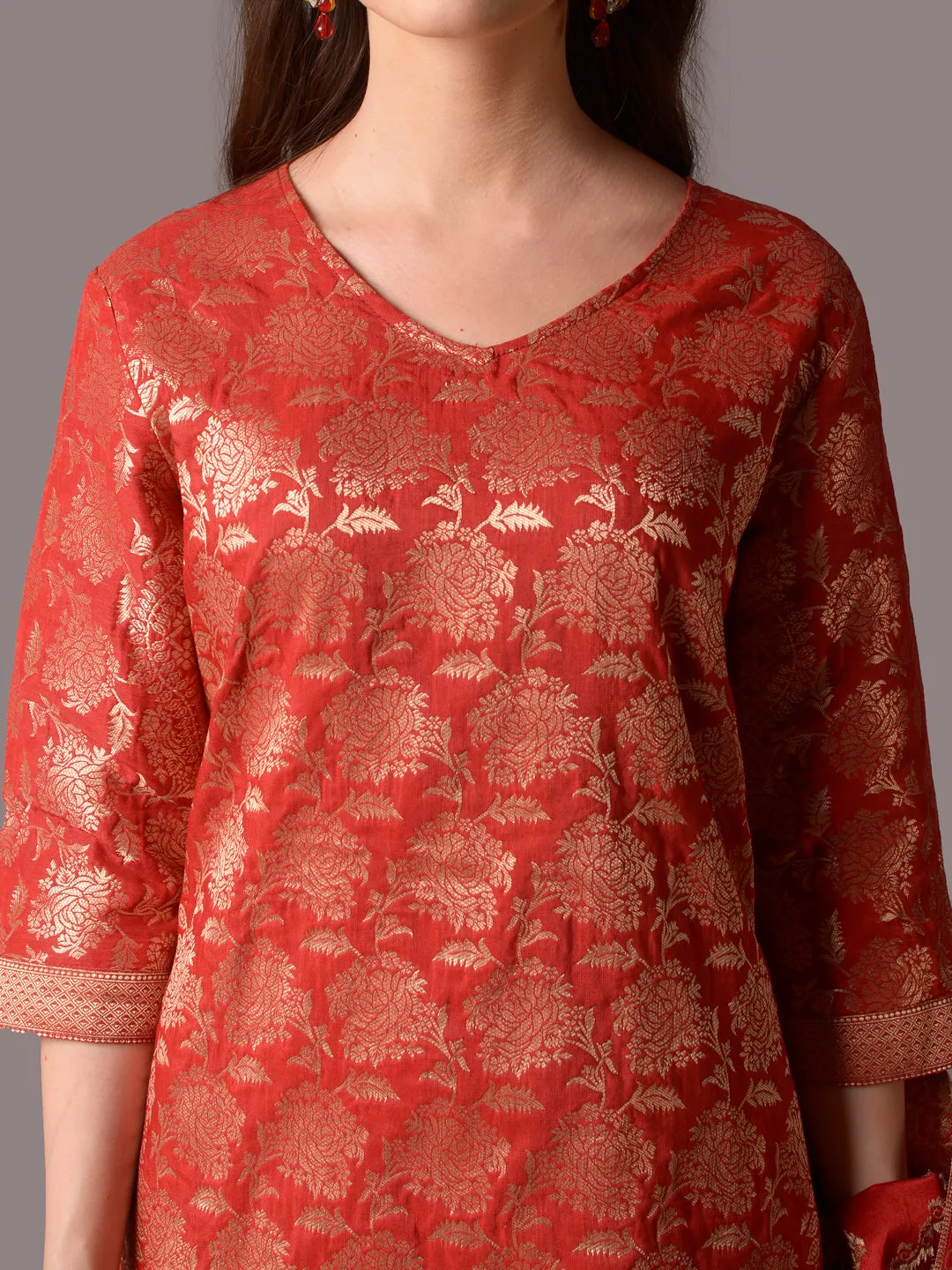 Women Red Ornamental Printed Kurta Sharara Dupatta