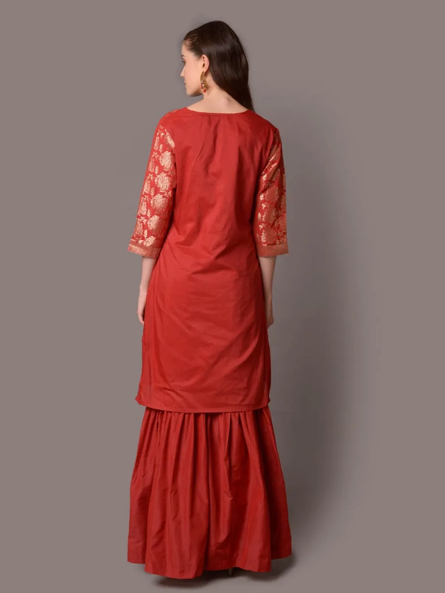 Women Red Ornamental Printed Kurta Sharara Dupatta