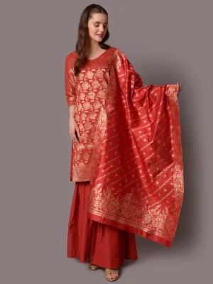 Women Red Ornamental Printed Kurta Sharara Dupatta