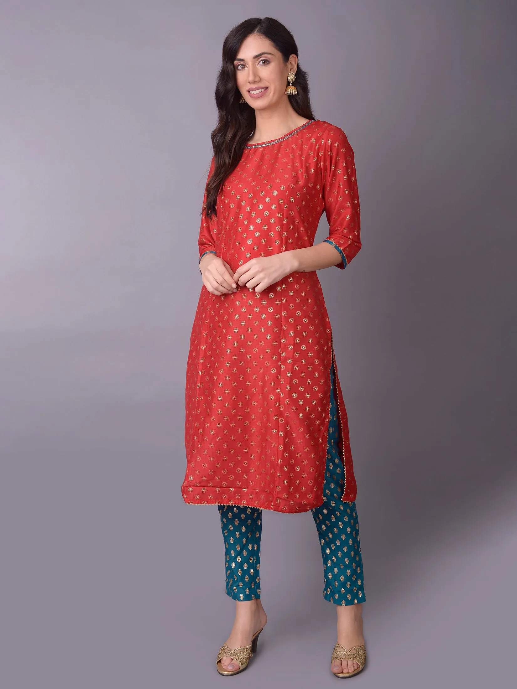 Women Red Ornamental Printed Kurta Trouser Dupatta