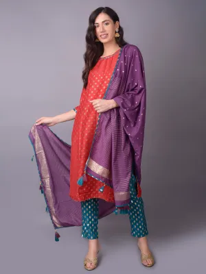 Women Red Ornamental Printed Kurta Trouser Dupatta