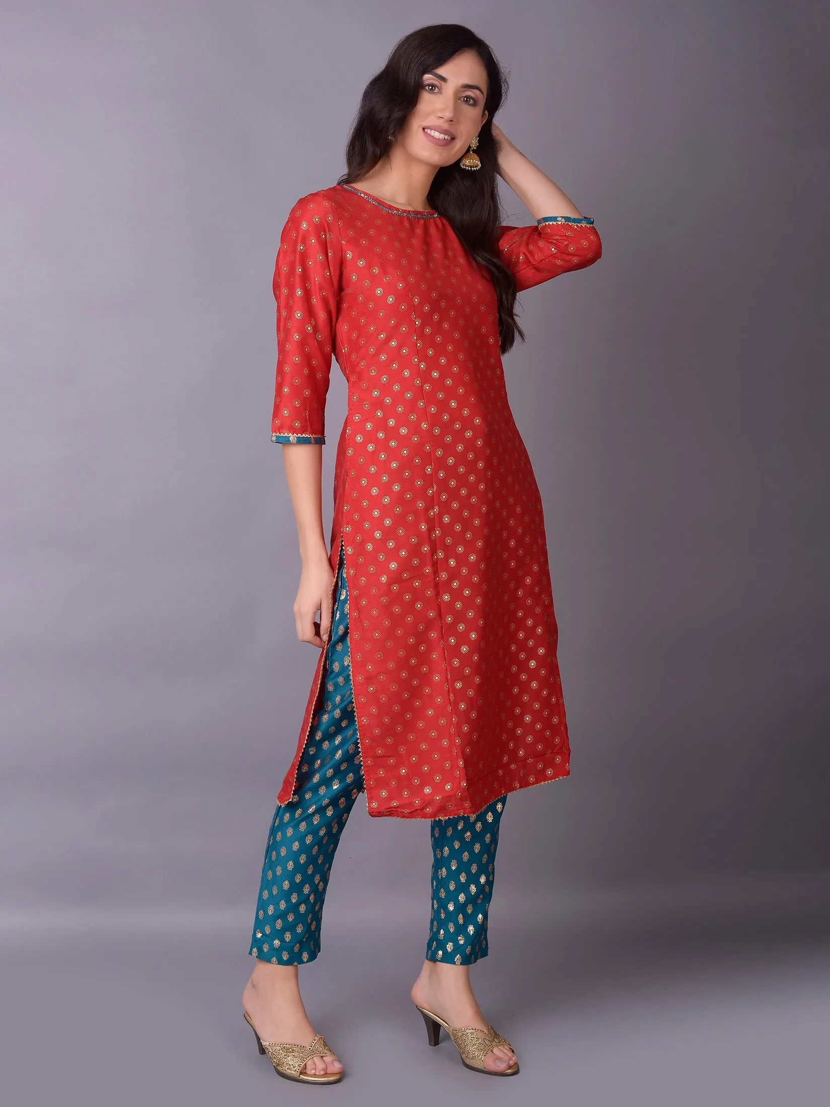 Women Red Ornamental Printed Kurta Trouser Dupatta