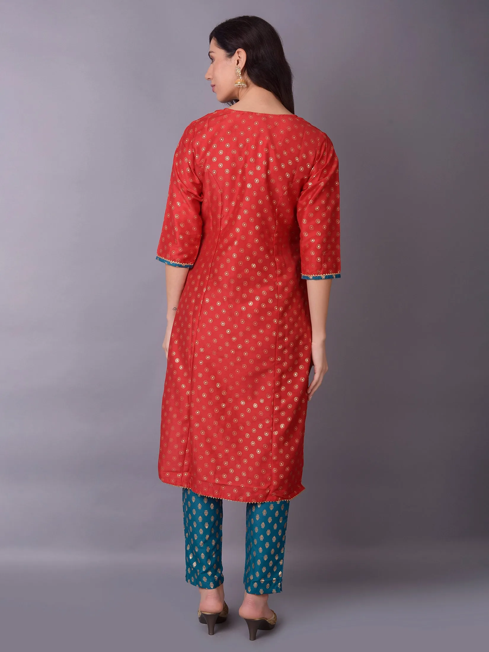 Women Red Ornamental Printed Kurta Trouser Dupatta