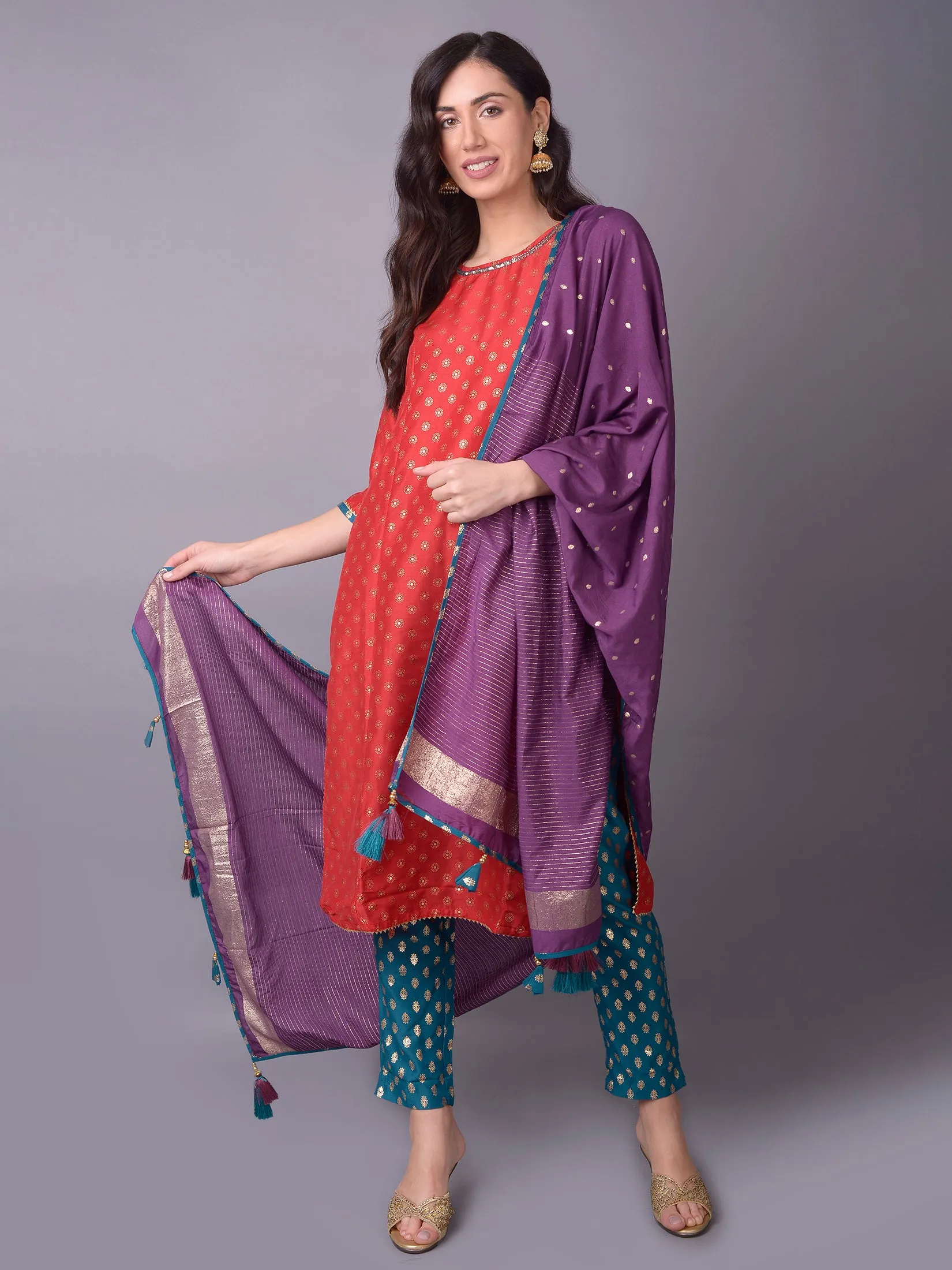 Women Red Ornamental Printed Kurta Trouser Dupatta