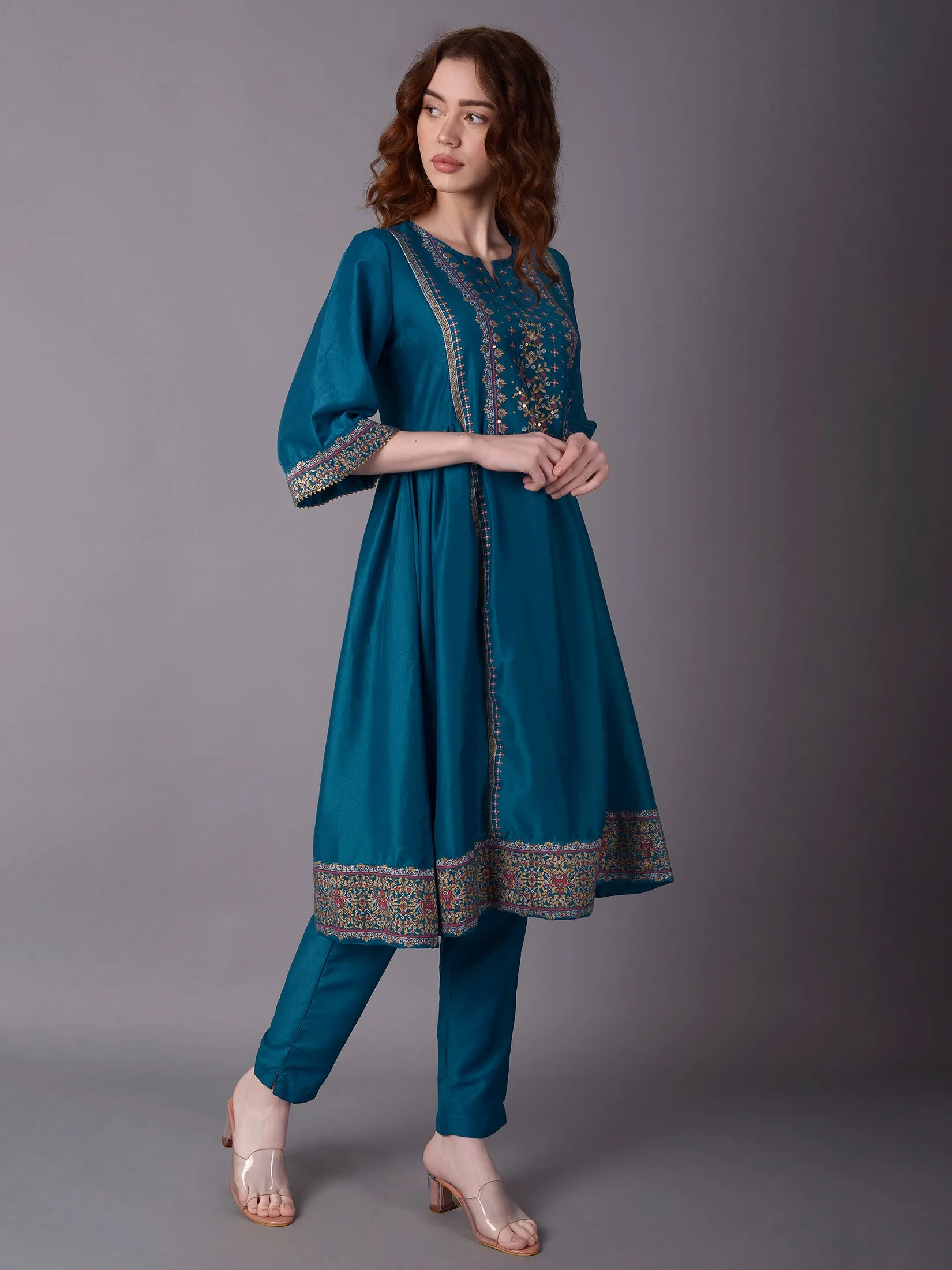 Women Turquoise Blue Ornamental Print Kurta With Trouser