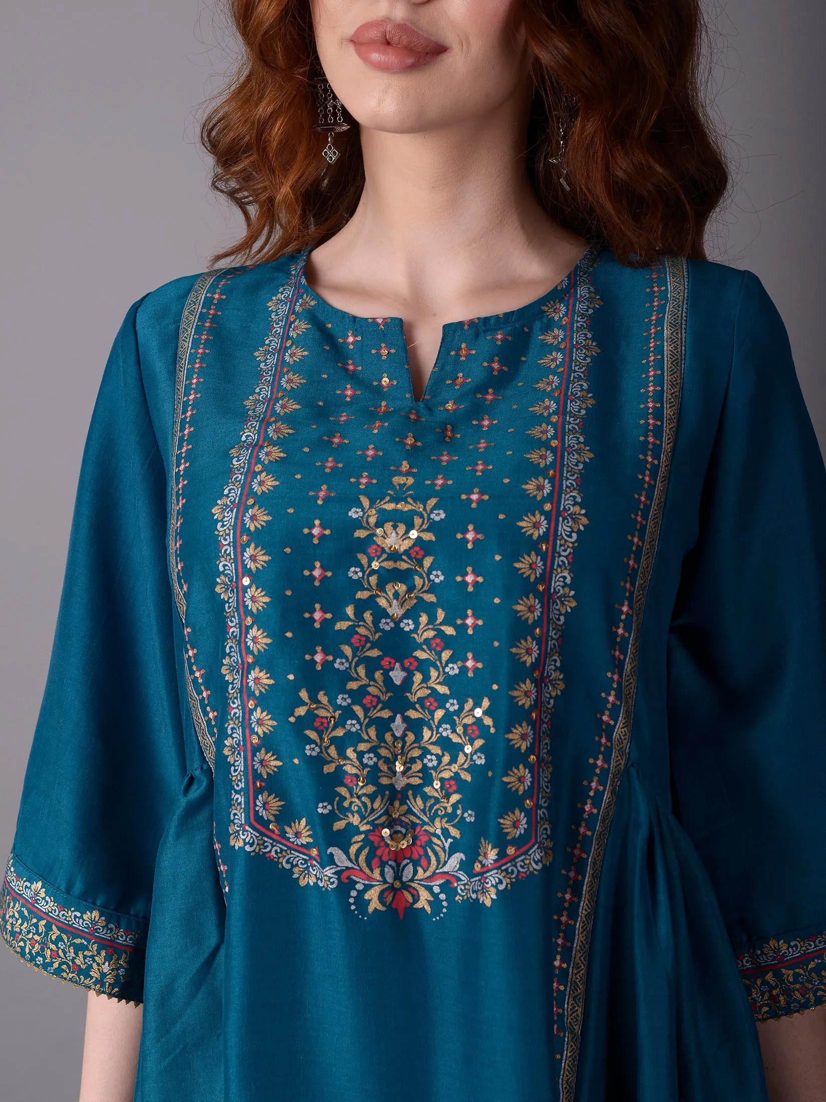 Women Turquoise Blue Ornamental Print Kurta With Trouser