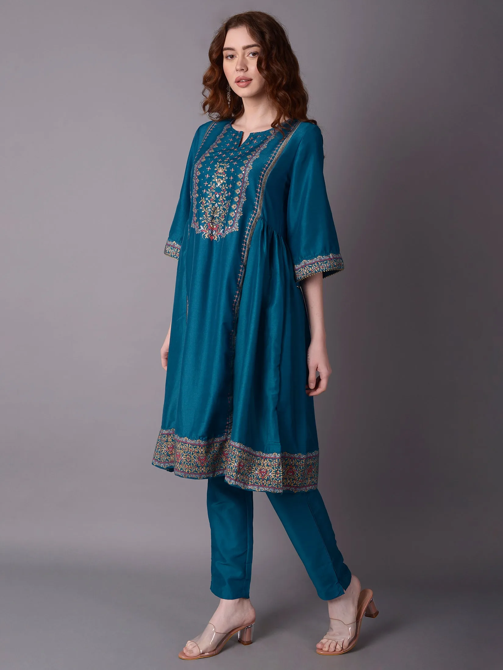 Women Turquoise Blue Ornamental Print Kurta With Trouser