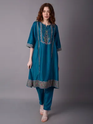 Women Turquoise Blue Ornamental Print Kurta With Trouser