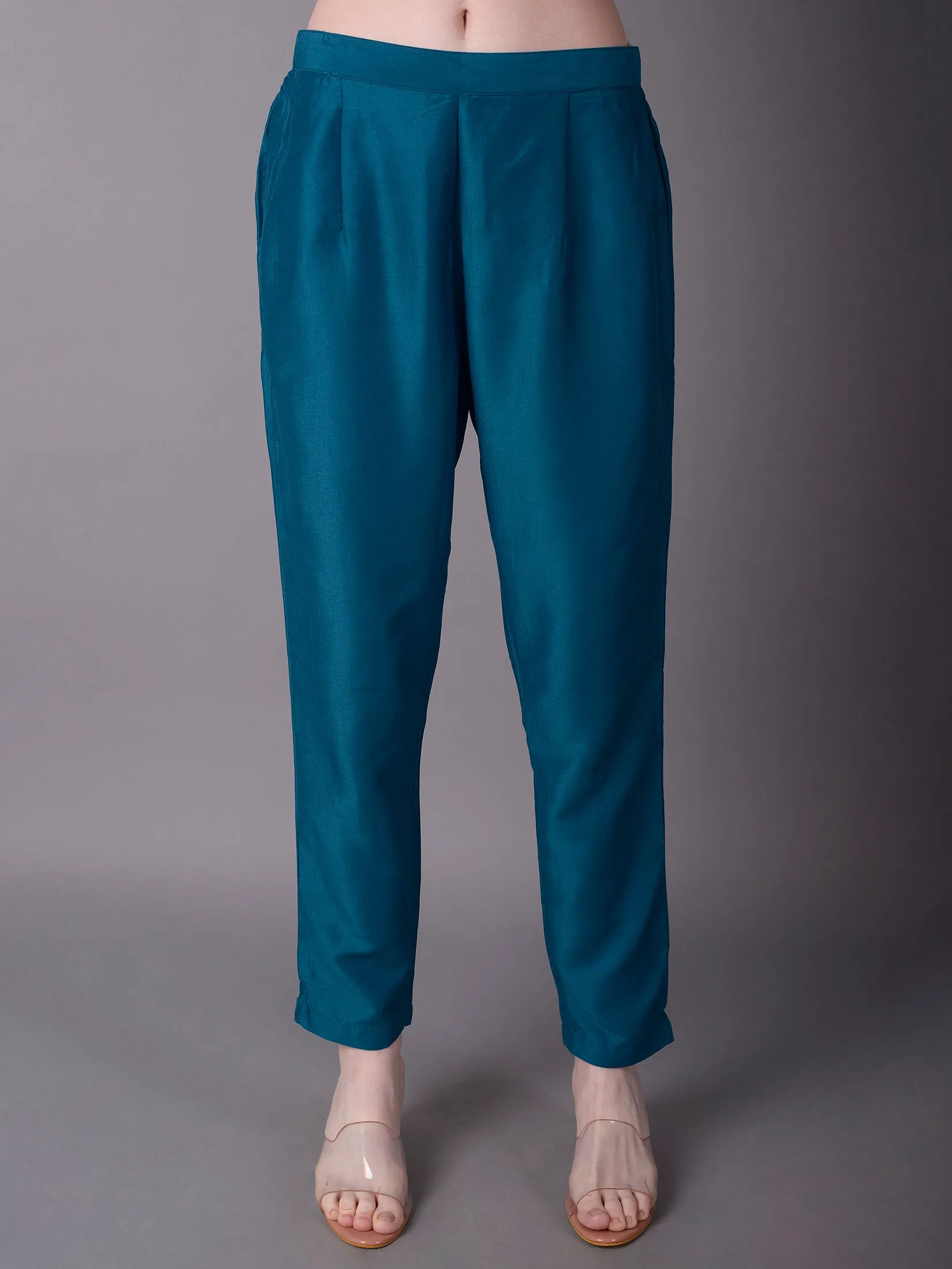 Women Turquoise Blue Ornamental Print Kurta With Trouser