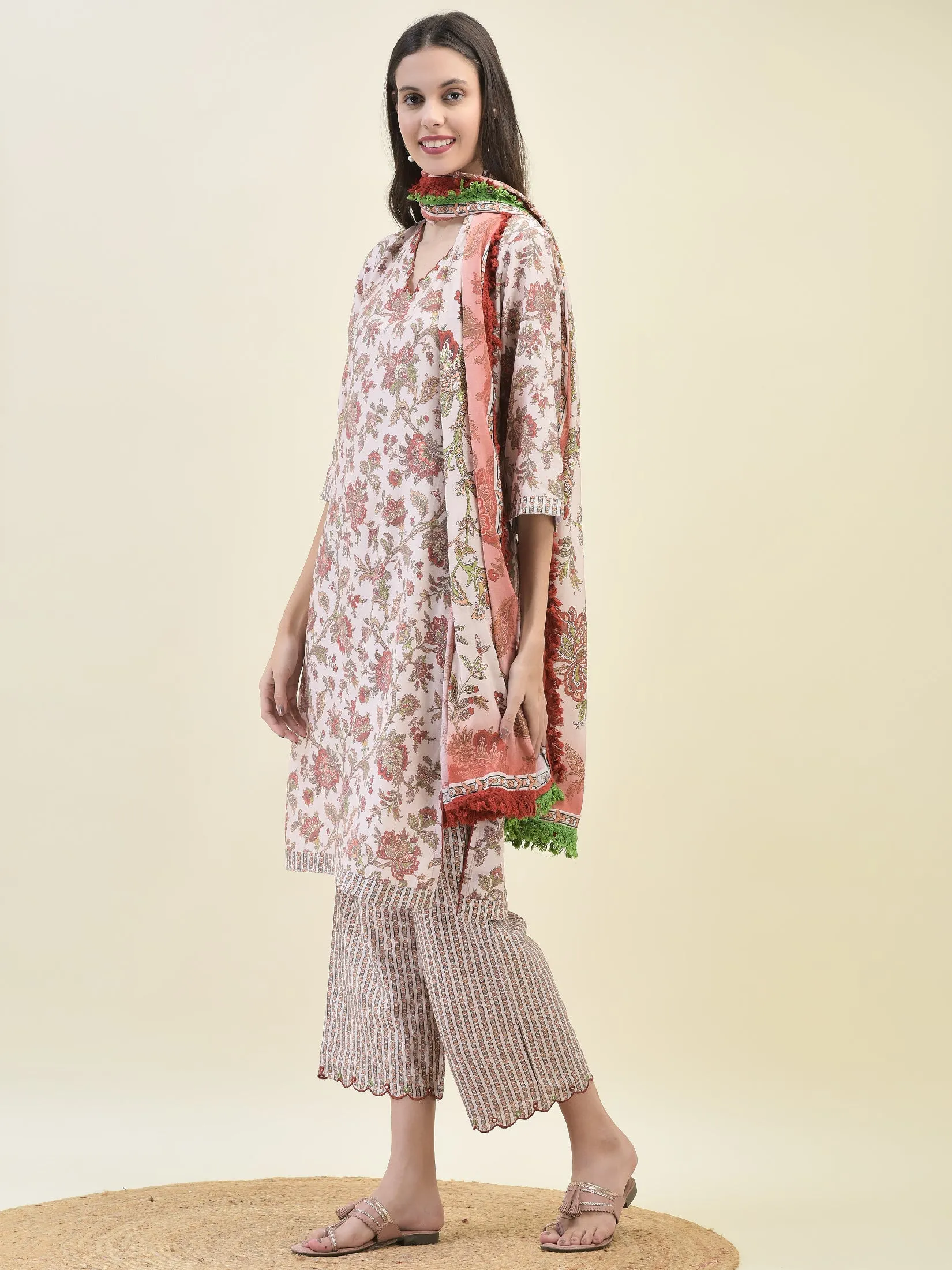Women Viscose Peach Ornamental Print Kurta Comfort Pant Dupatta