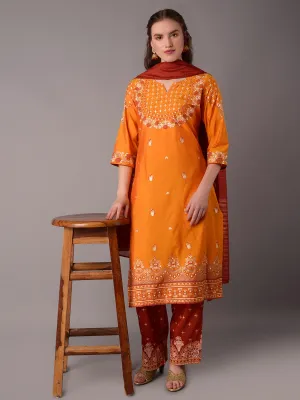 Women Yellow Ornamental Printed Kurta Salwar Dupatta