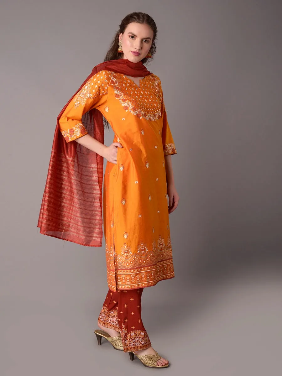 Women Yellow Ornamental Printed Kurta Salwar Dupatta