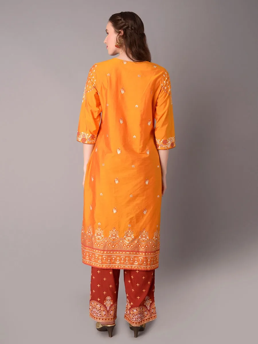 Women Yellow Ornamental Printed Kurta Salwar Dupatta