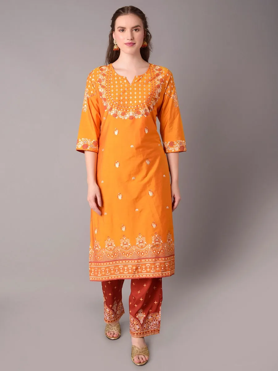 Women Yellow Ornamental Printed Kurta Salwar Dupatta
