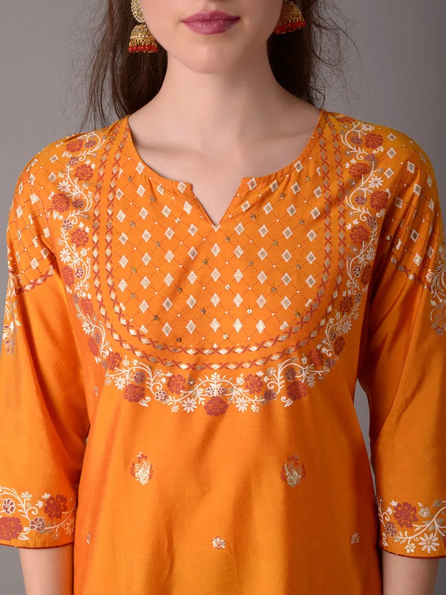 Women Yellow Ornamental Printed Kurta Salwar Dupatta